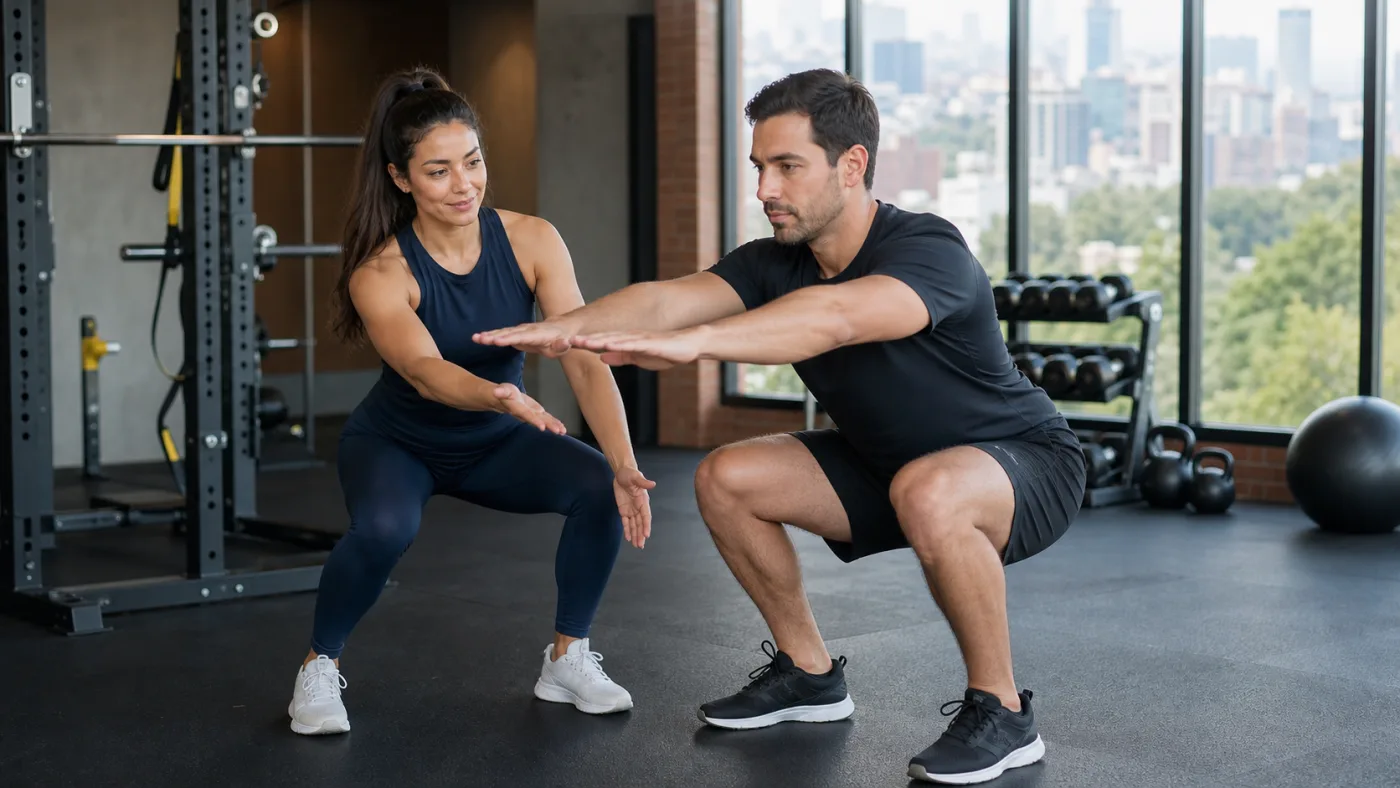 Entrenadora personal corrigiendo la técnica de una sentadilla