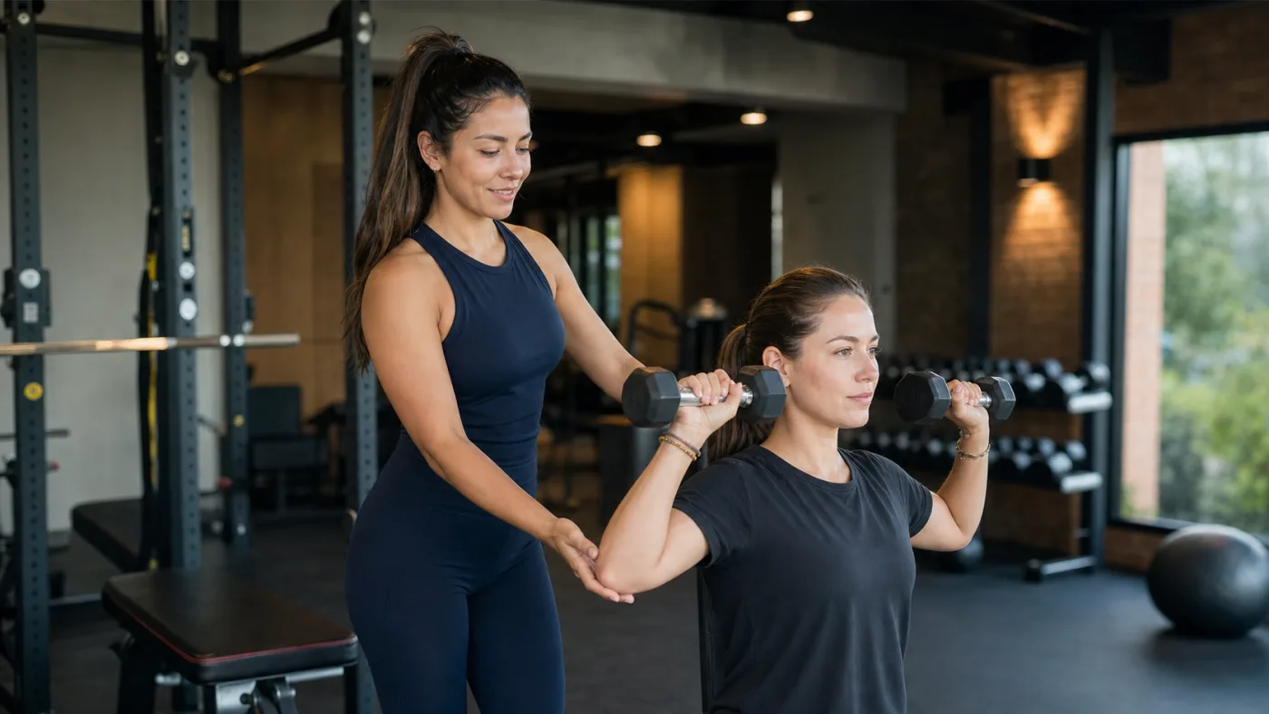 Entrenadora personal guiando una sesión de fuerza