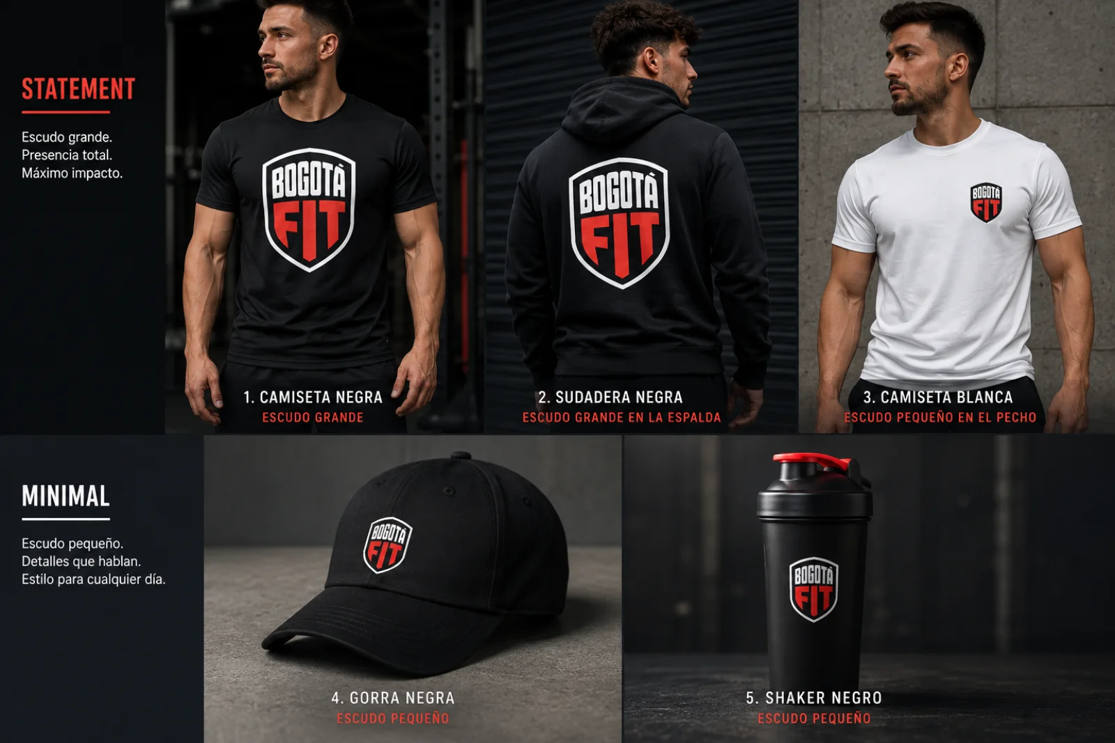 Propuesta inicial de camisetas, sudadera, gorra y shaker de Bogotá Fit