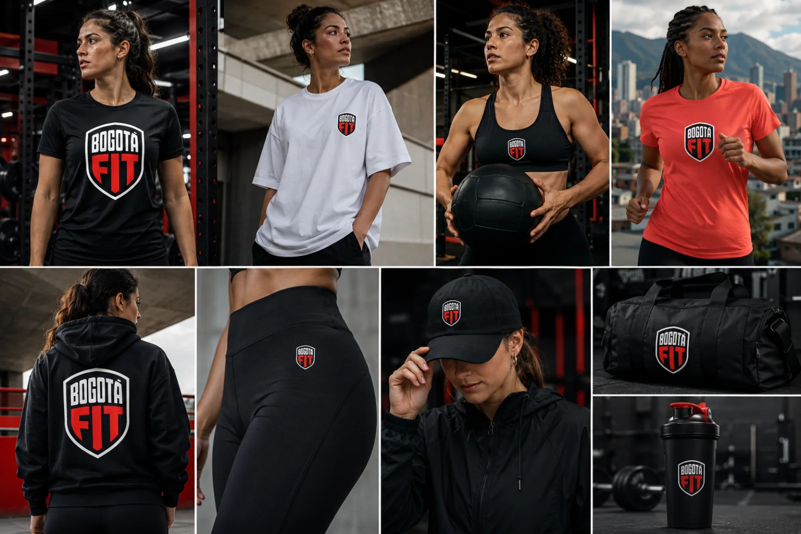 Conceptos visuales de prendas y accesorios deportivos de Bogotá Fit